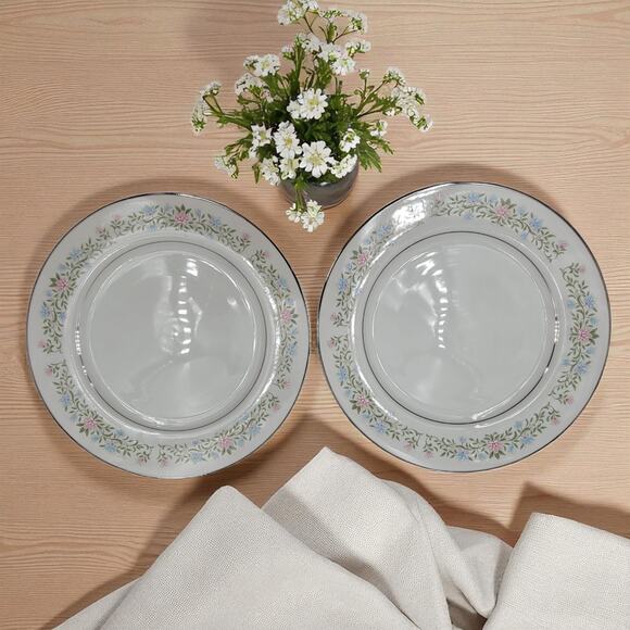 2 Eileen 10 1/4” Dinner Plate Cotillion Floral Silver Trim Pattern 3693 Japan - Picture 1 of 9
